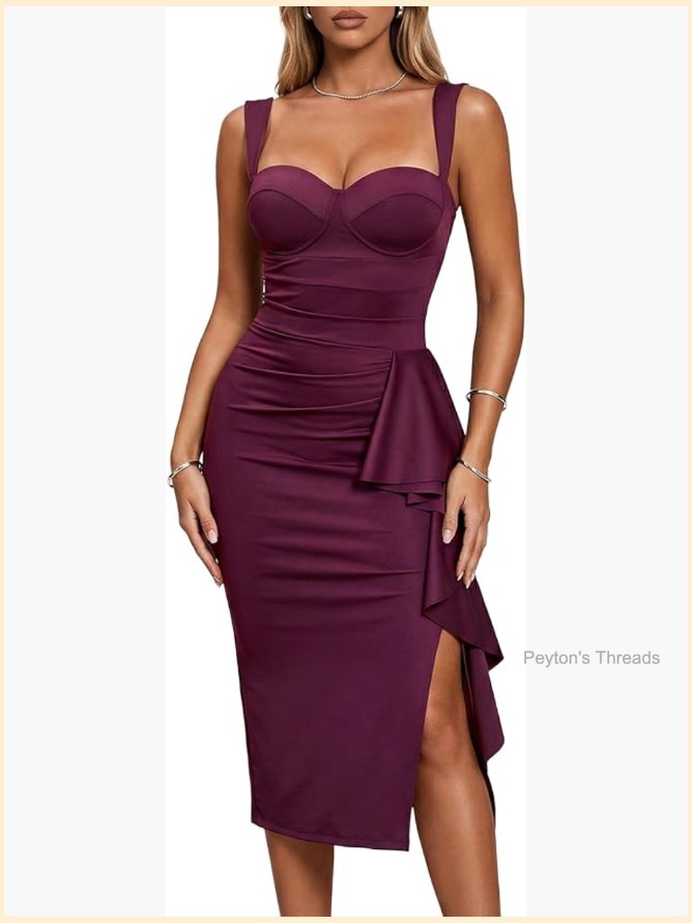 Women's Formal Midi Cocktail Dress Built-In Bra Ruched Sleeveless Slit Ruffle